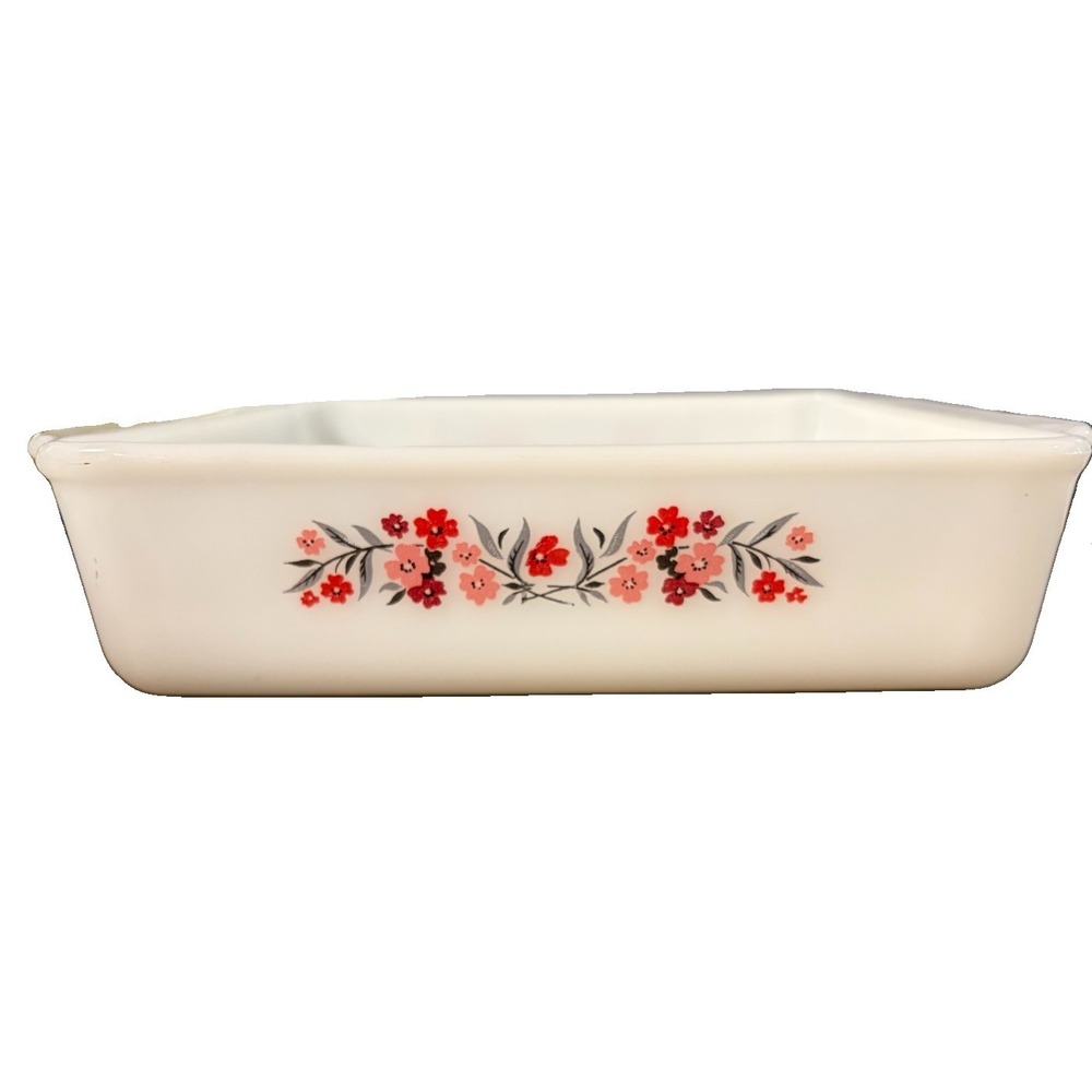 Vintage Pyrex Primrose Rectangular Baking Dish Pink Red Floral USA 9x10